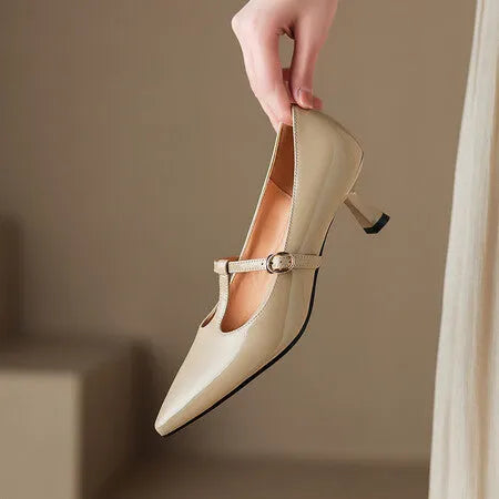 Women's authentic leather square toe high heel shoes in black, apricot, and red colours with 6-8cm heel