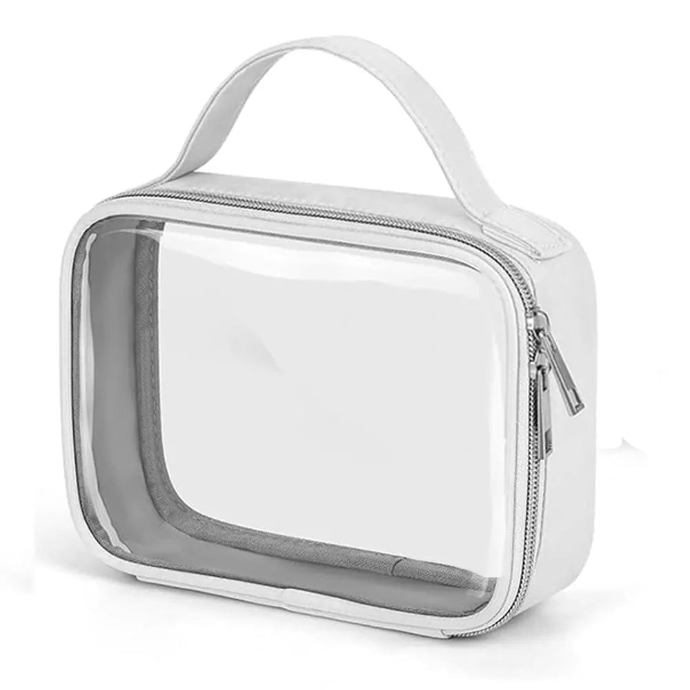 Transparent PVC makeup organiser bag with chain handle in assorted colours on a plain background.