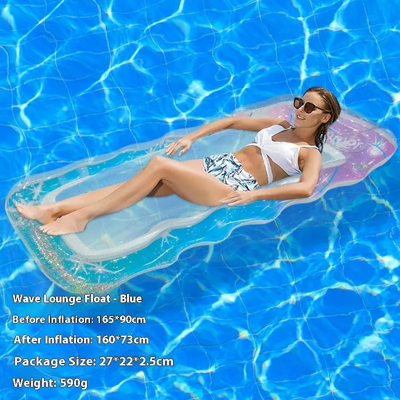 PVC inflatable floating row pool lounger in a mesh deck chair design with bright gradient colour wave.