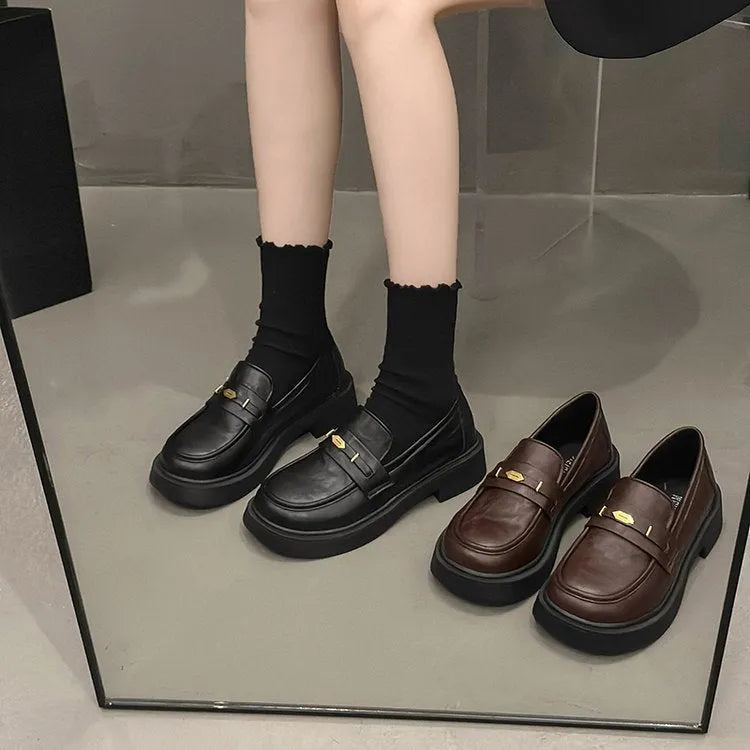 All-match metal commuter soft bottom soft surface small leather shoes for women - microfiber round toe flat heel, black or brown