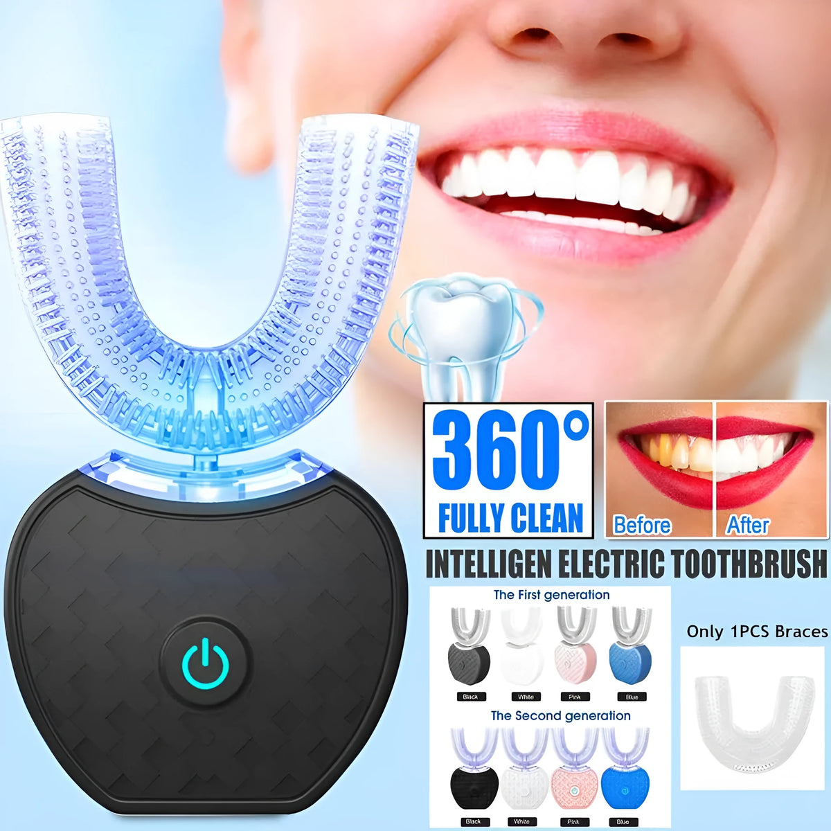 360° automatic electric toothbrush with U-type head, food grade silicone bristles, IPX7 waterproof, USB charging, available in blue
