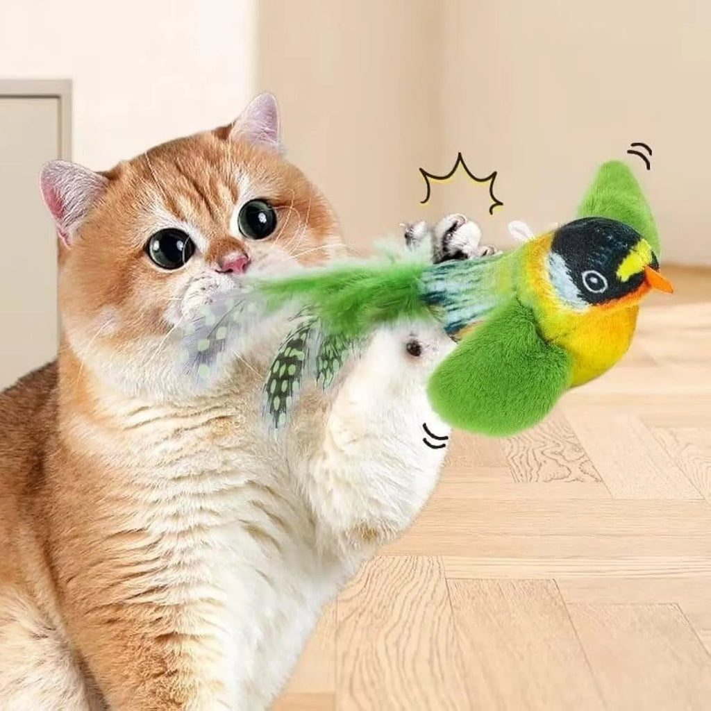 Flappy Chase cat toy with flapping wings and chirping sparrow simulation in Blue, Grey, or Green