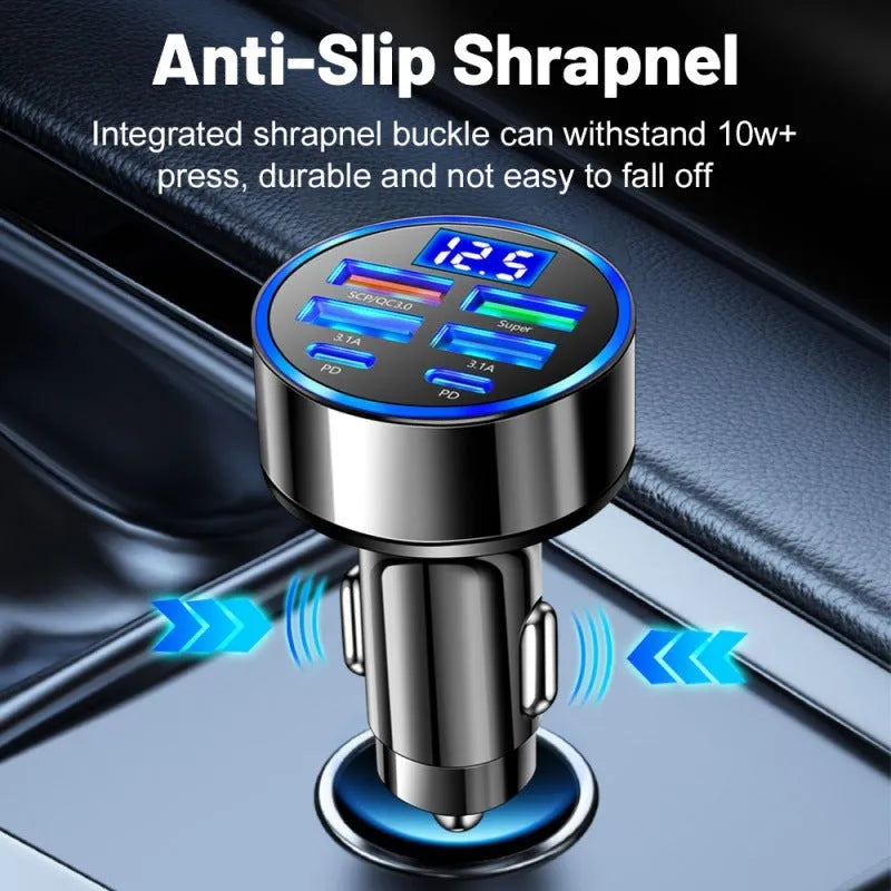 Six-in-one black car charger with 4 USB and 2 PD ports and digital display for cigarette lighter socket