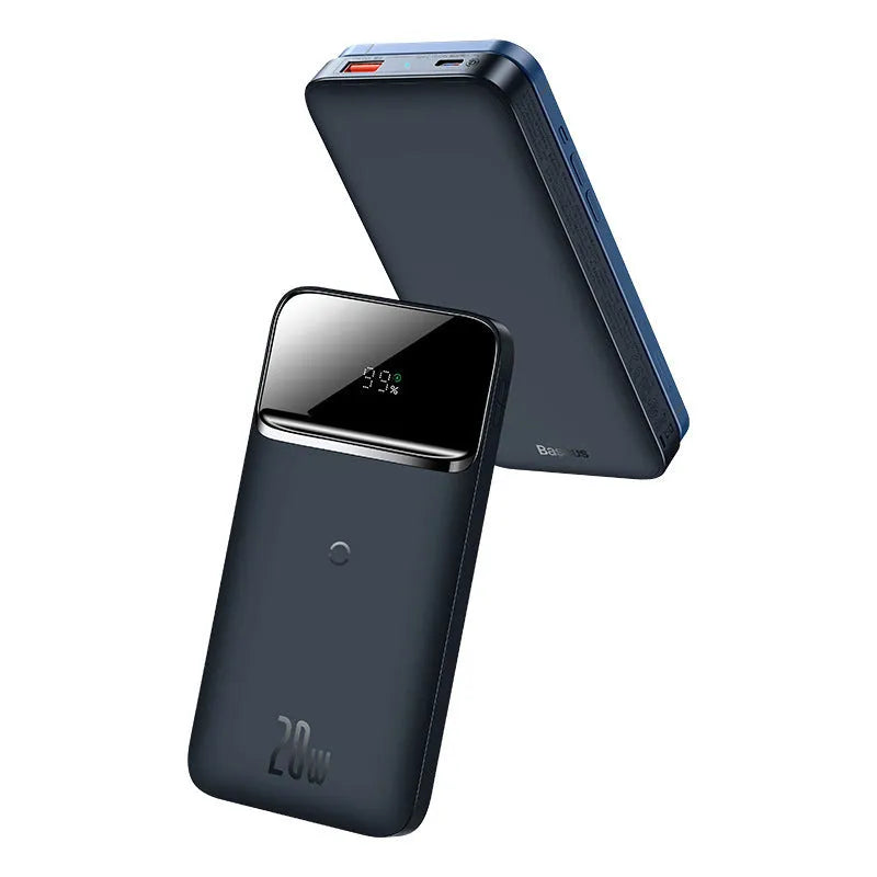 Square aluminium-shell magnetic wireless power bank in blue, white, and purple colour options