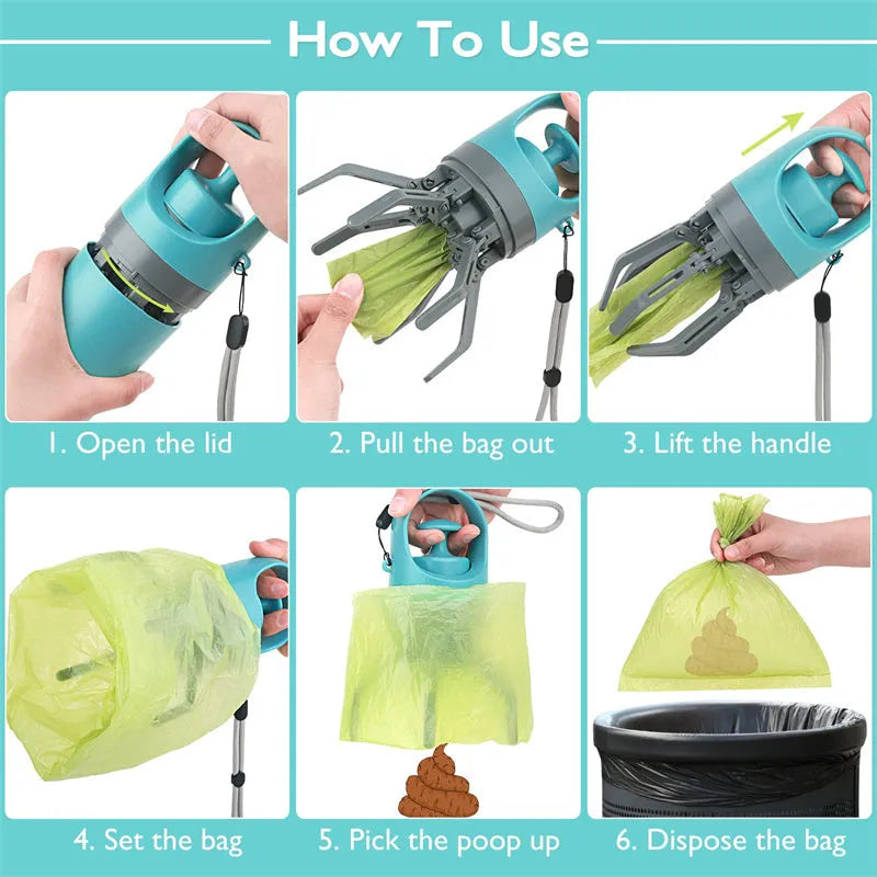 Blue portable dog pooper scooper with eight-claw shovel, built-in poop bag dispenser and lanyard