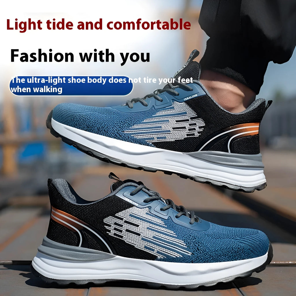 Blue men's low-top safety work shoes with mesh upper, lace closure, and protective toe cap.