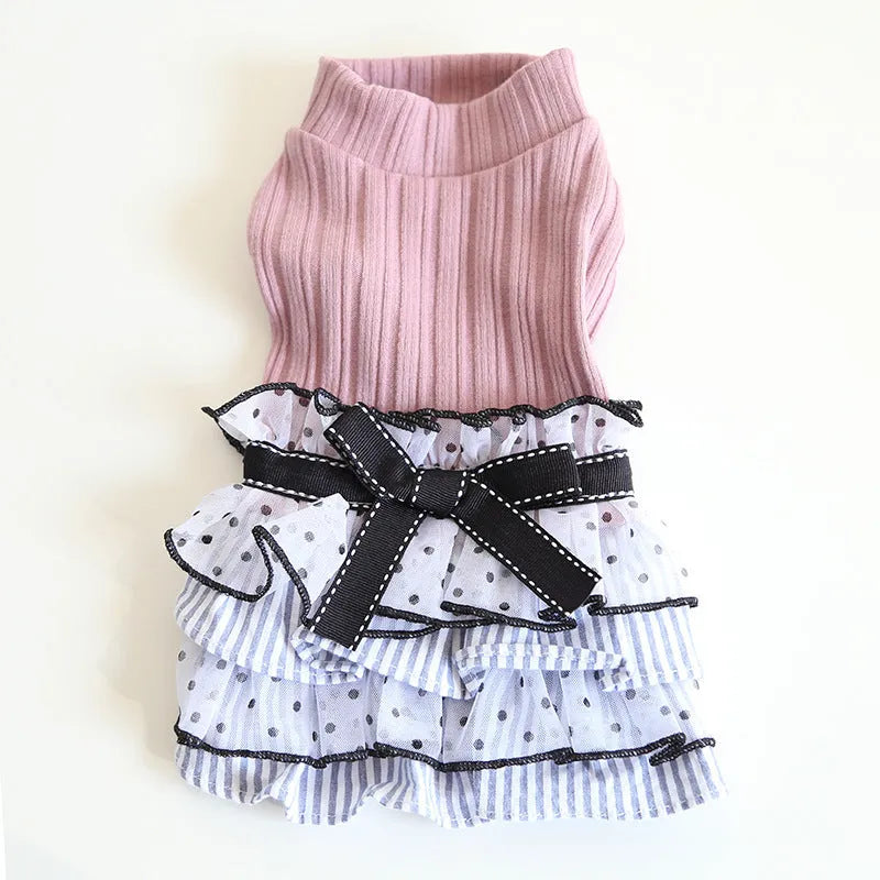 Polka dot lace cake dress pet clothes in taro purple, charcoal black or iced coffee, sizes XS to XL