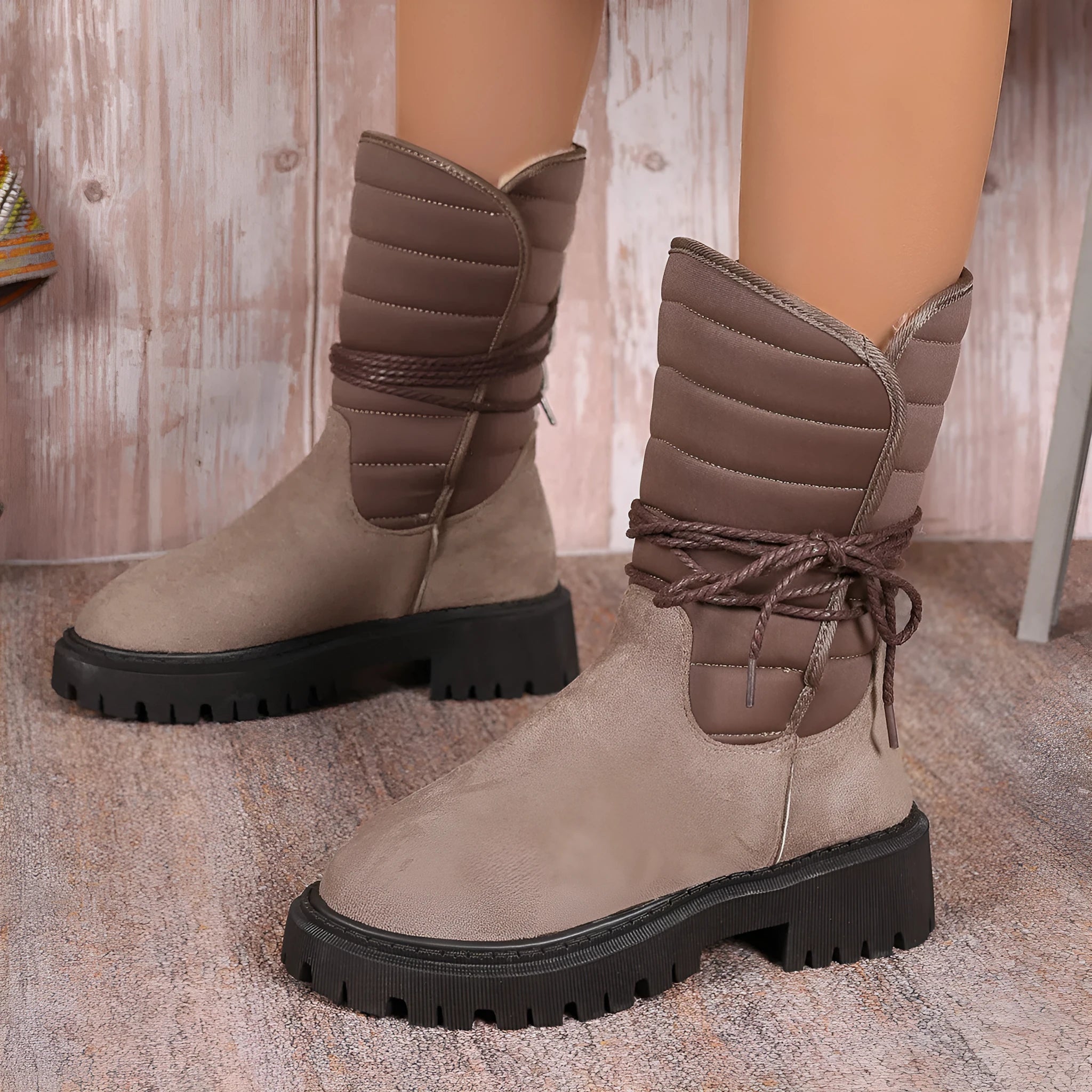 Women's black suede chunky heel snow boots with lace-up high-top design and fleece lining.
