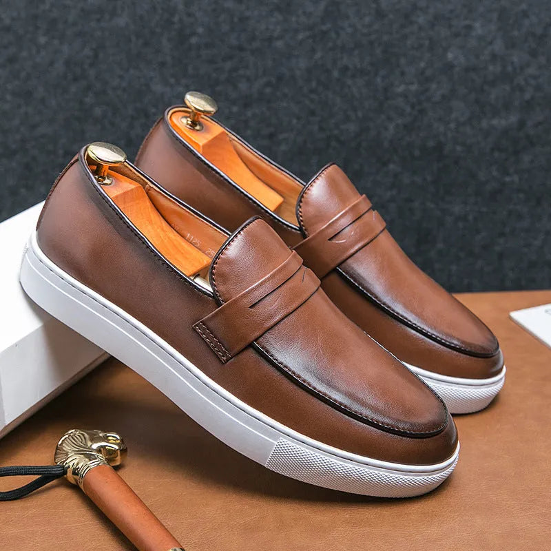 Plus size men's board shoes in black or brown with artificial PU upper, flat heel, rubber sole, and round toe