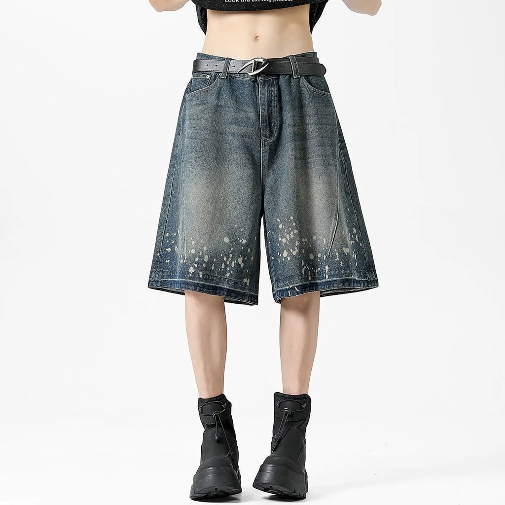 Men's retro blue denim shorts with ripped splash ink design, straight cut fifth-length