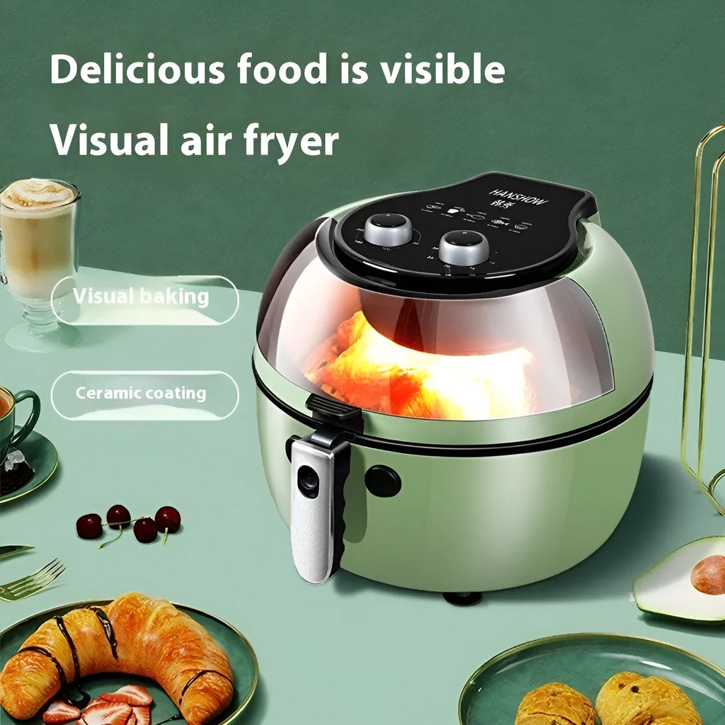 Mechanical button air fryer oven with glass viewing window and 8-litre capacity on kitchen counter
