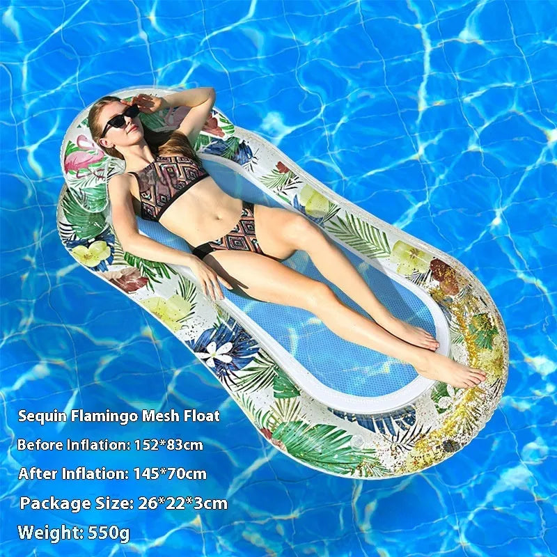 PVC inflatable floating row pool lounger in a mesh deck chair design with bright gradient colour wave.