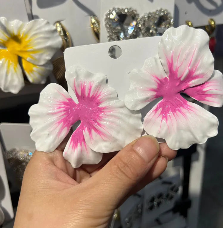 Alloy stud earrings with oil-spot glaze floral designs in pastoral style
