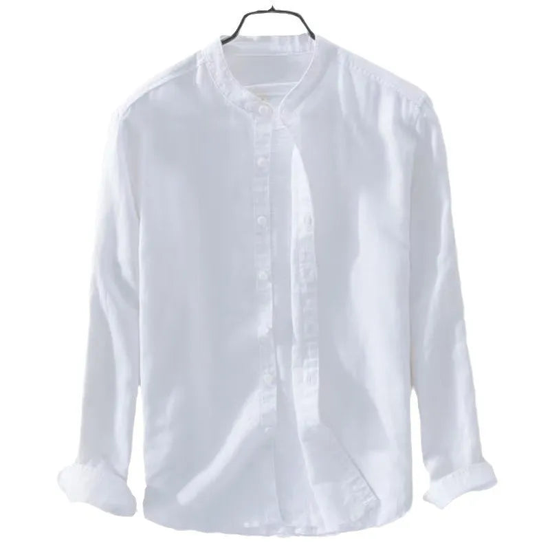 Loose fit casual long sleeve shirt in cotton linen blend fabric showing solid colour options