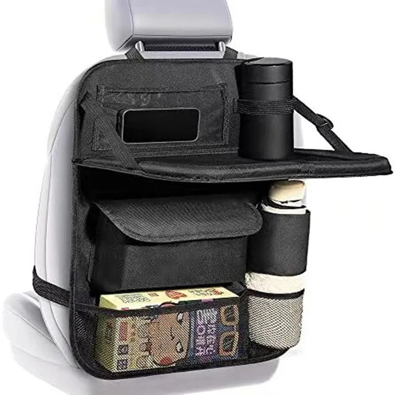 Black oxford cloth car seat back storage bag with hanging straps for organisation.