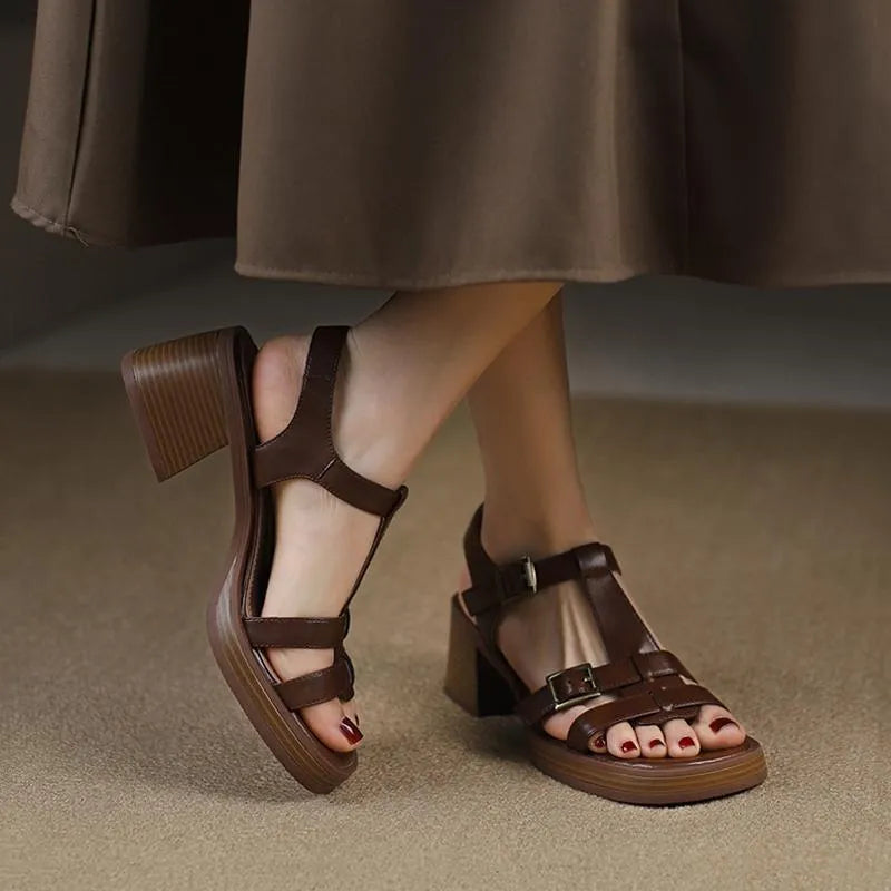 Women's retro T-buckle platform sandals with chunky heel in black colour showing square toe design