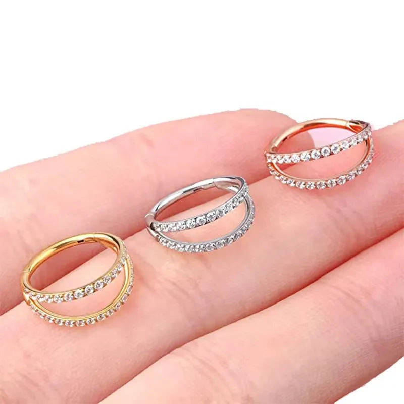 G23 titanium alloy lip ring and nose ring set with diamond treatment in gold or steel colour.