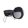 Small folding round outdoor ice stove and barbecue grill set with mesh, legs, and storage bag.