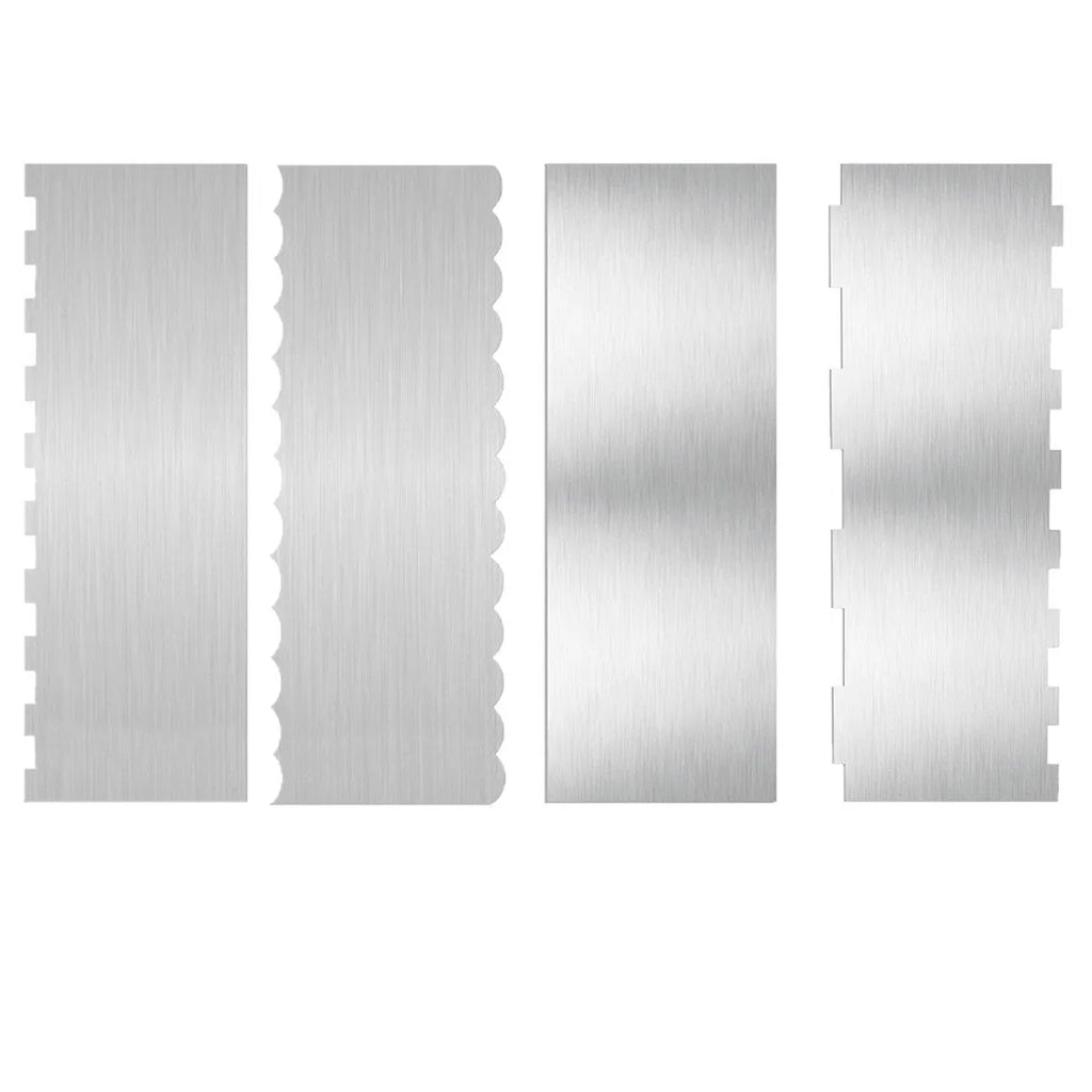 Stainless steel cake decorating scraper with multiple polygon-pattern heads for textured finishes.