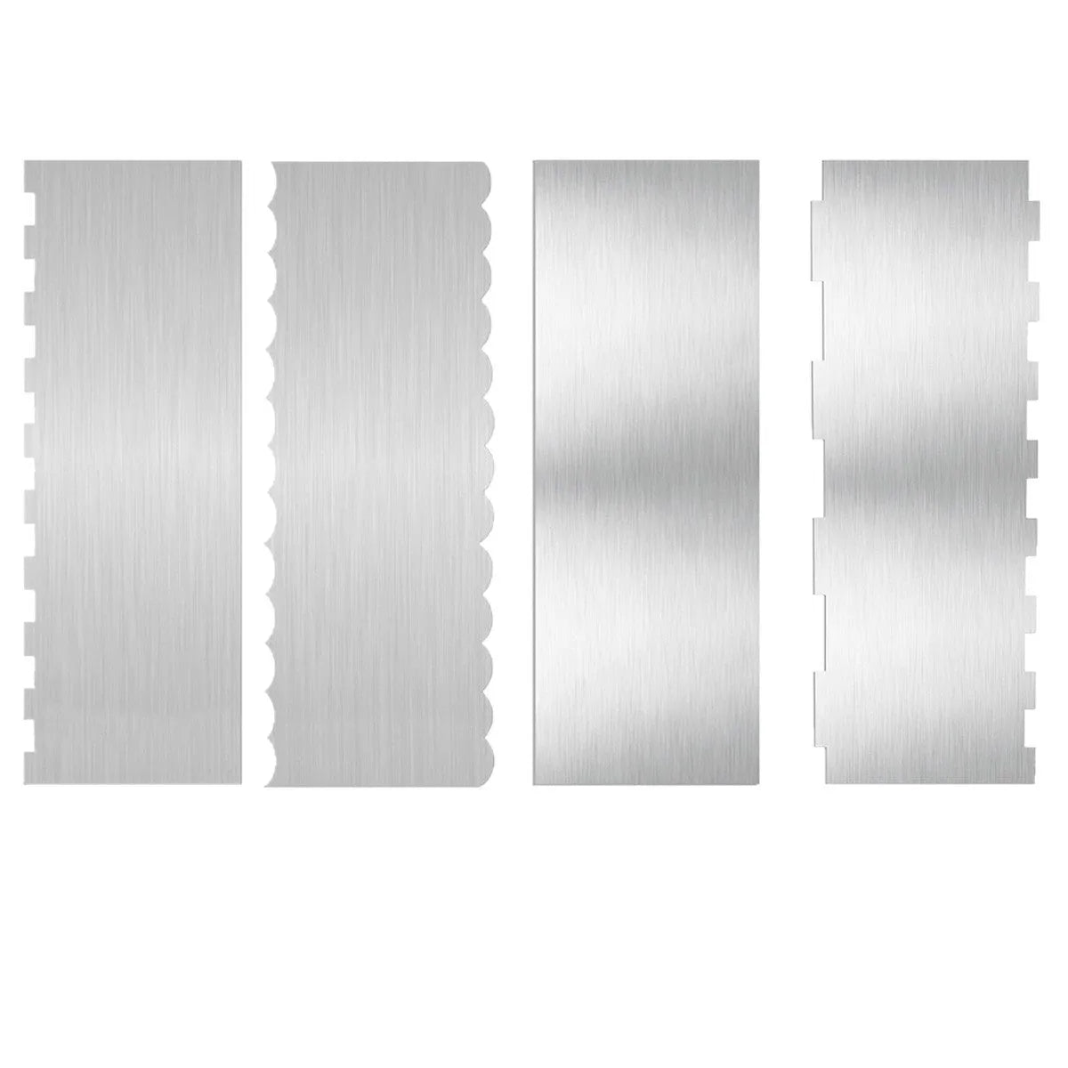 Stainless steel cake decorating scraper with multiple polygon-pattern heads for textured finishes.