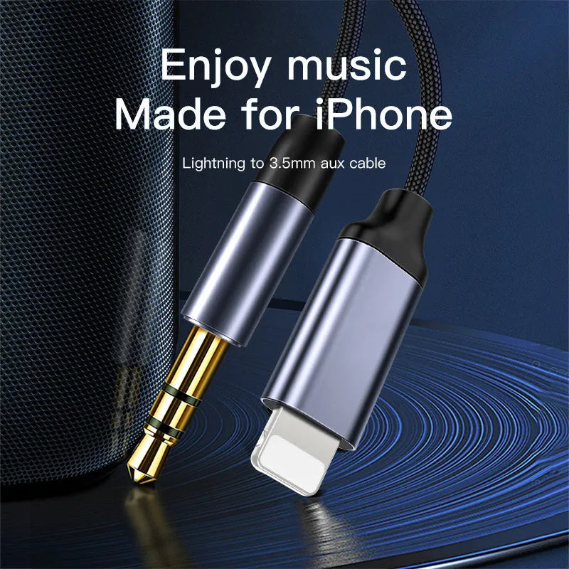 Silver and black nylon-braided audio cable for headphones and car adapters in three lengths.