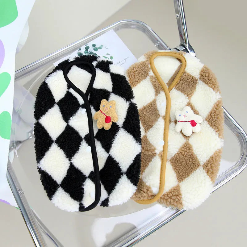 Pet checkerboard vest jacket in brown coral velvet with diamond plaid pattern for cats and dogs