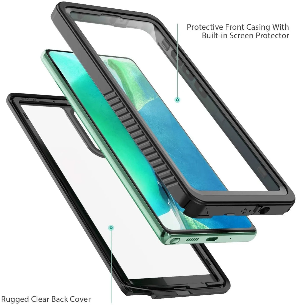 Transparent waterproof Samsung phone case in TPU and PC with all-inclusive drop-resistant shell, shown for Galaxy models.