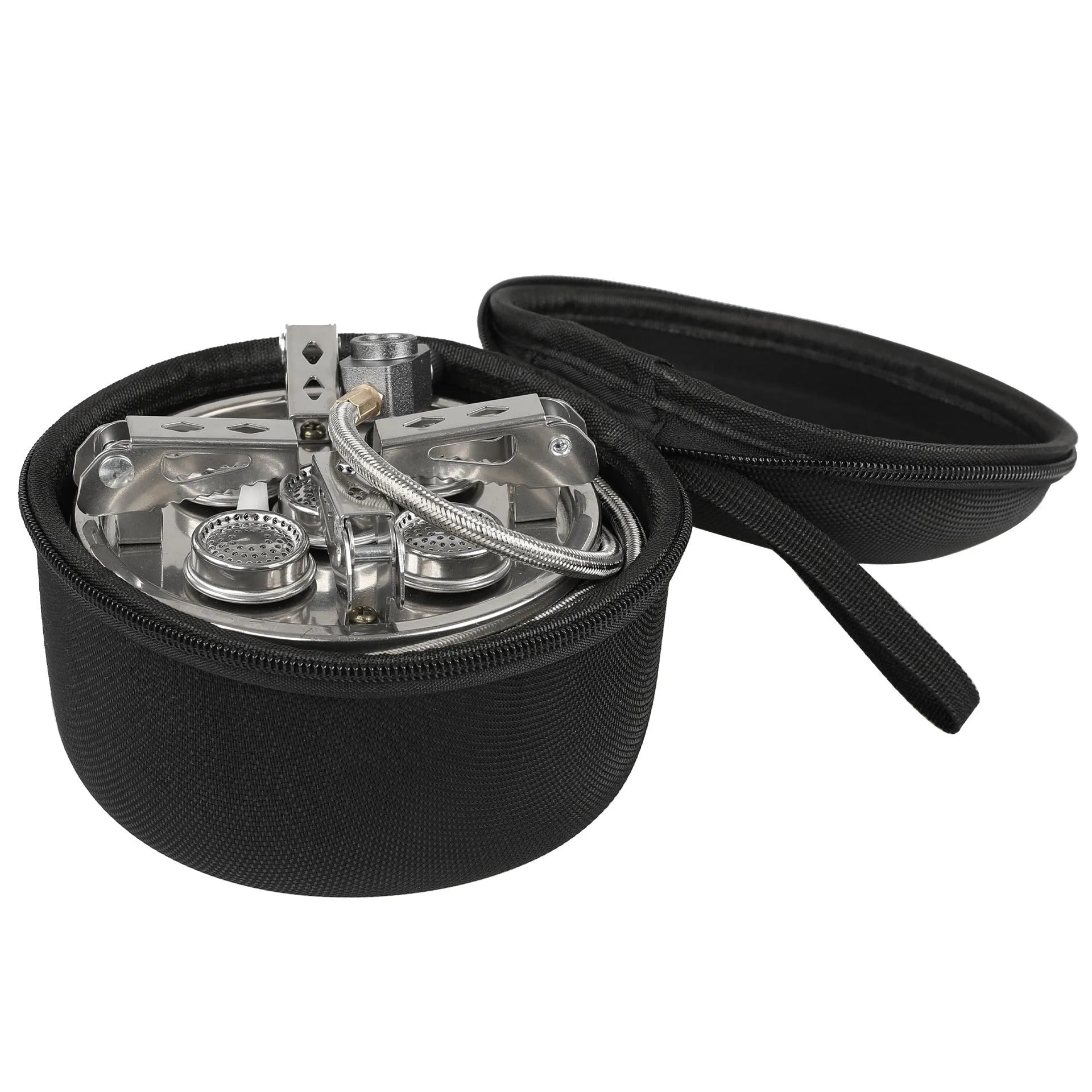 Silver portable split camping stove with folded legs and a 100cm gas hose on a wooden table.