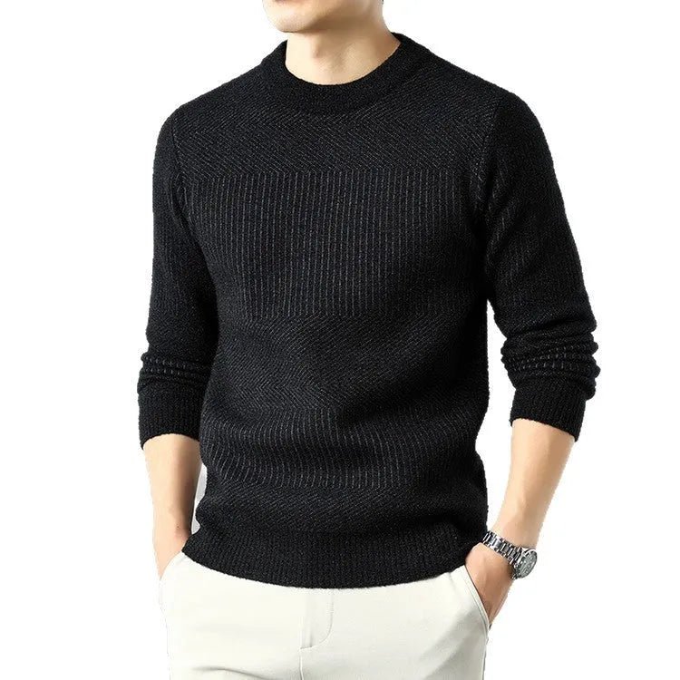 Men's round neck long sleeve chenille sweater in apricot, beige, or black, sizes 165-190, straight pullover casual top