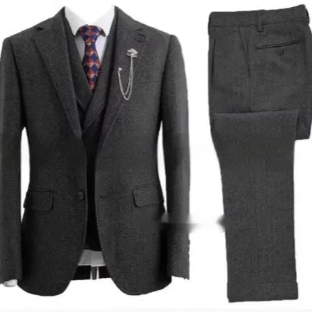 Men's slim fit three-piece suit in brown nylon with jacket, waistcoat, and trousers