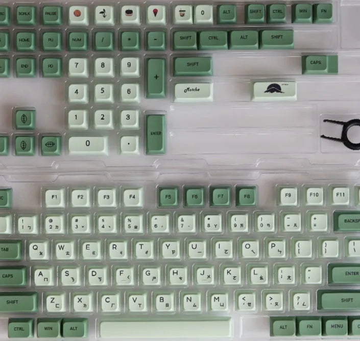 Matcha coloured PBT keycap set with 124 keys showing multiple language legend options