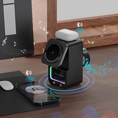 White or black 5-in-1 Bluetooth speaker wireless charger with QC3.0 fast charging