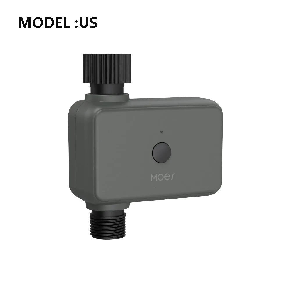 Bluetooth smart garden water timer with digital display connected to a garden hose