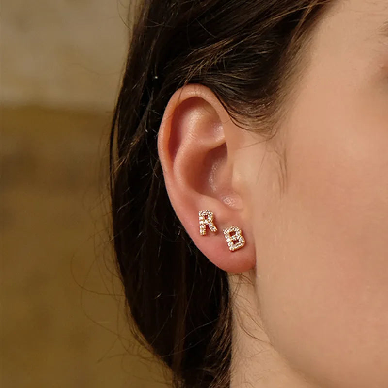 Brass gold plated alphabet letter earrings with zircon stones on copper base