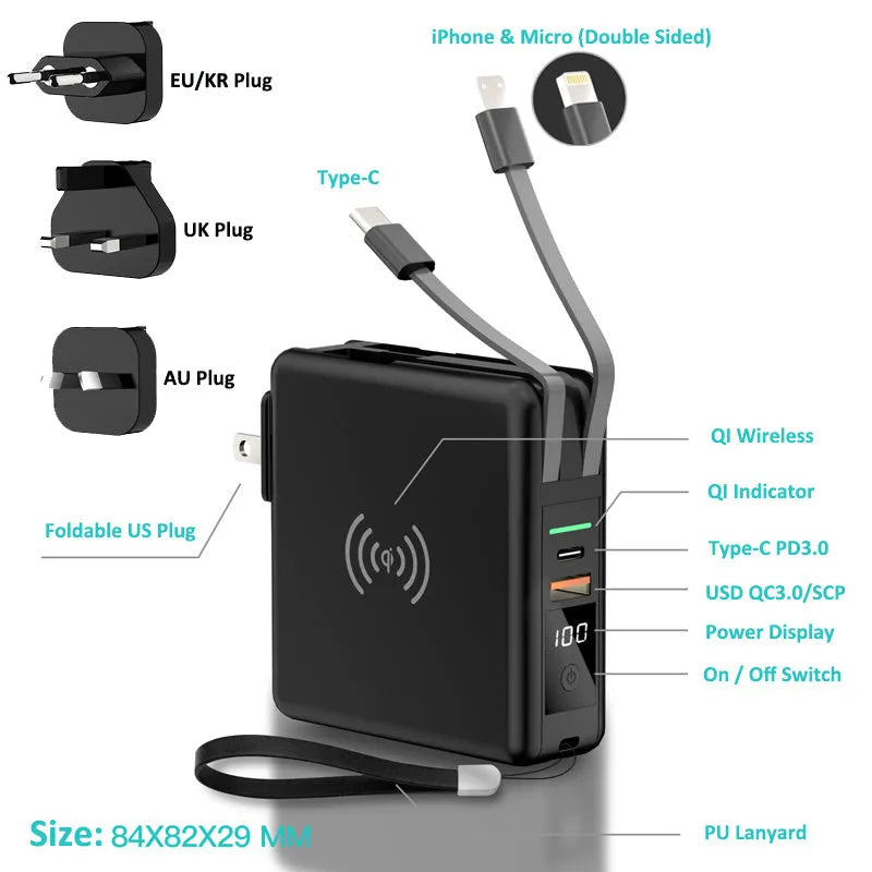 Black and white PD20W fast charging power bank with wireless capability and integrated plug