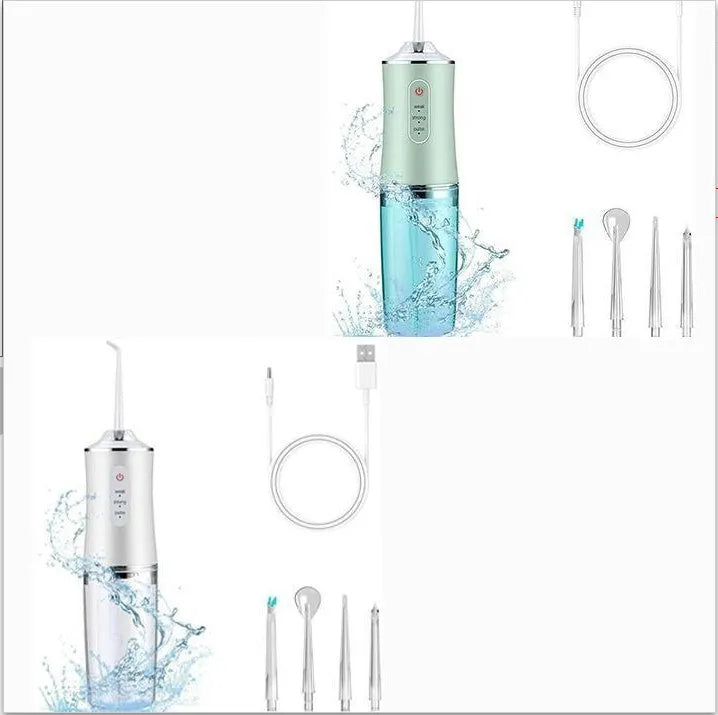 Handheld electric water pick in white, pink or light green with three speed settings, under 300mL tank, USB cable and four nozzles