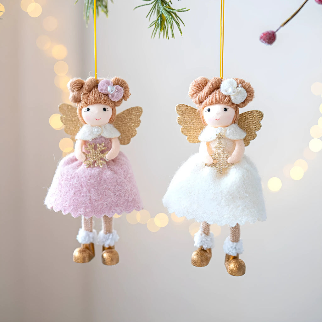 Christmas angel wings plush pendant ornament in pink and white cloth fabric