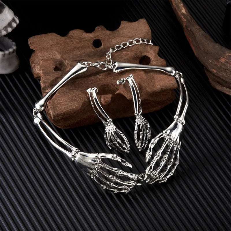 Dark style skull and ghost hand necklace and earring set in alloy with adjustable chain