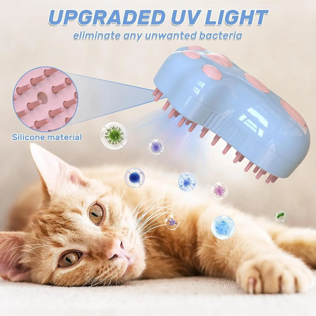 Blue self-cleaning cat steam brush with silicone bristles and rechargeable spray tank