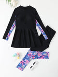 Girls split two-piece long-sleeved swimsuit in green with high elasticity fabric and briefs style