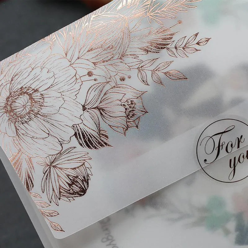 Sulfuric acid paper invitation cards with bronzing matte varnish in gold and rose gold colours