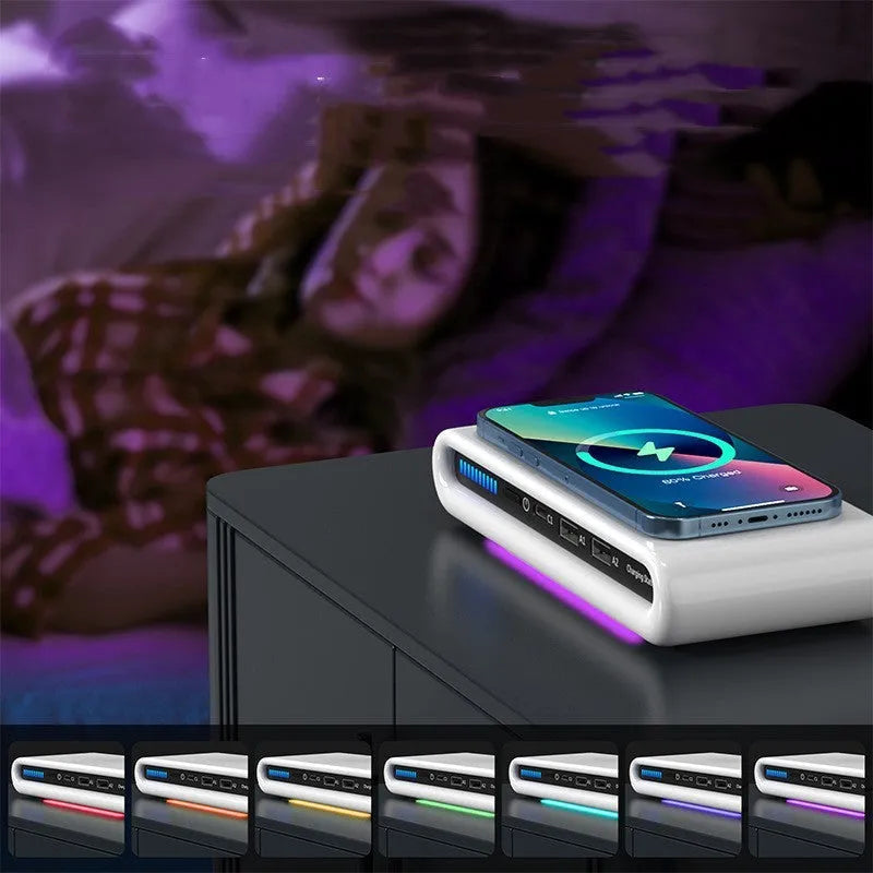 White desktop wireless charger with atmospheric lighting and phone charging on surface