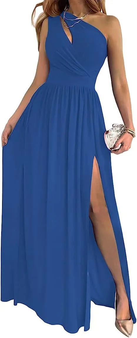 Women's one-shoulder cocktail maxi dress with high side split and sleeveless cutout in soft fabric