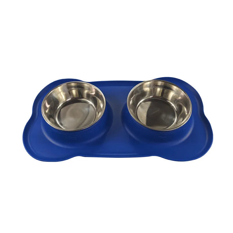 Large double dog bowl silicone mat set in chosen colour with stainless steel bowls