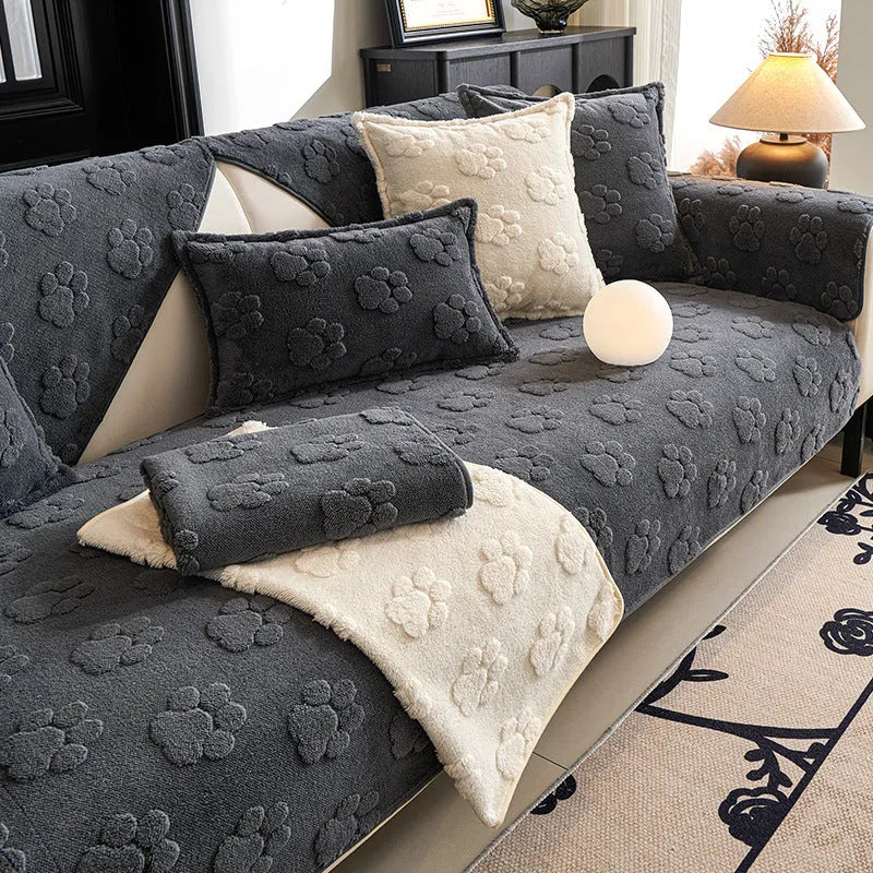Thickened fleece non-slip sofa cushion in plush solid colour, available in beige, grey, khaki, and pink