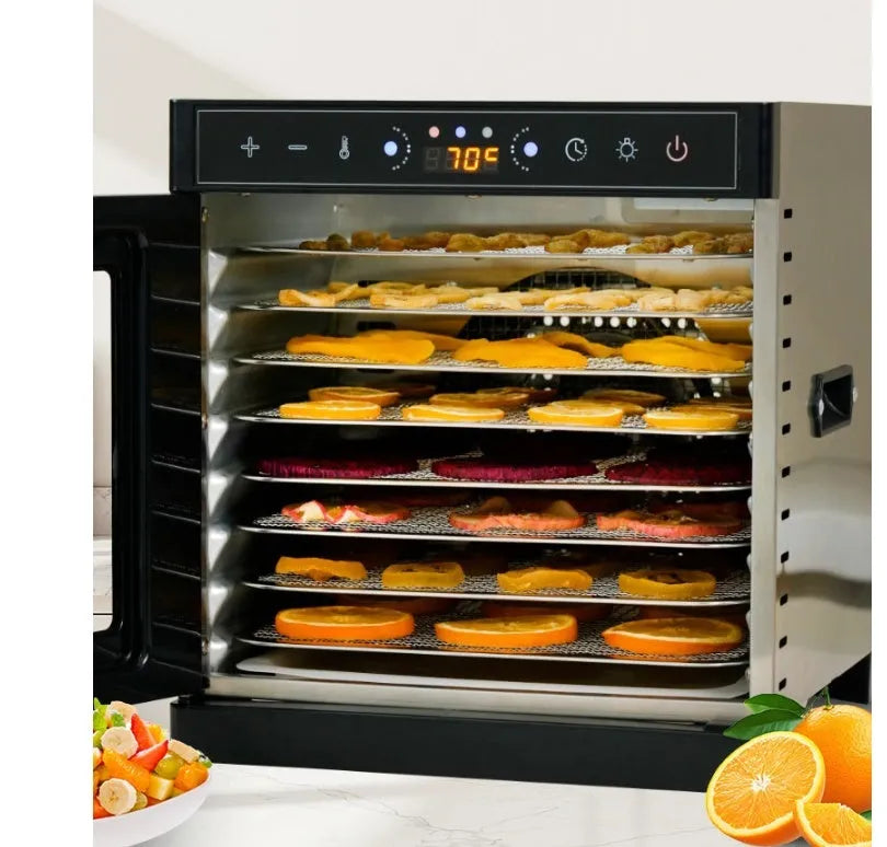 Stainless steel food dehydrator with multiple trays and an LED control panel.