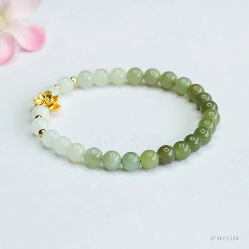 Hetian jade bracelet with water gradient colour and floral beads in ancient national style