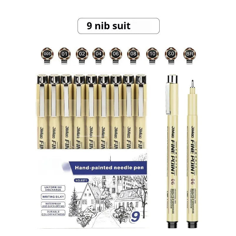 Waterproof needle pen with hand-drawn cartoon syringe design, black ink, 133mm length.