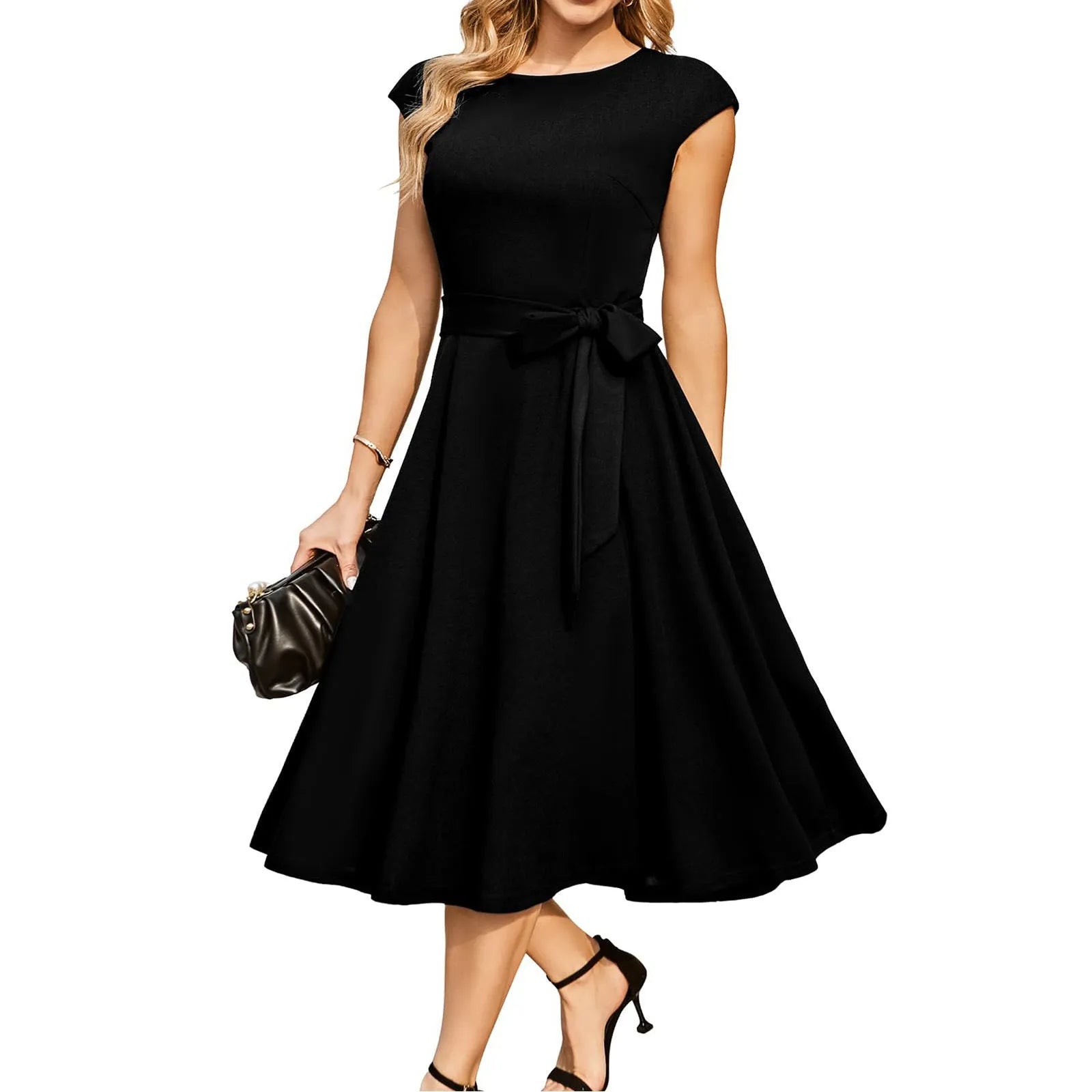 Black sleeveless party dress with lace-up waist and oversized swing skirt on a mannequin