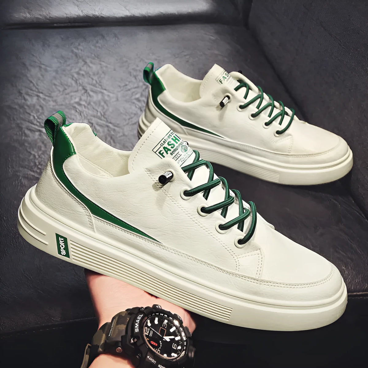 Men's low-top microfiber casual sneakers with rubber sole, elastic band, white or green, sizes 39-44